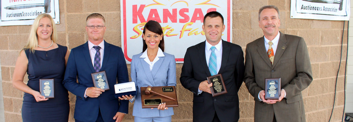 2016 Kansas Auctioneer Championship top five finishers.  Trisha Brauer (4th place), Justin Ball (3rd place), Yve Rojas (2016 Kansas Auctioneer Champion), Titus Yutzy (Reserve Champion) and Tony Wisely (5th place).