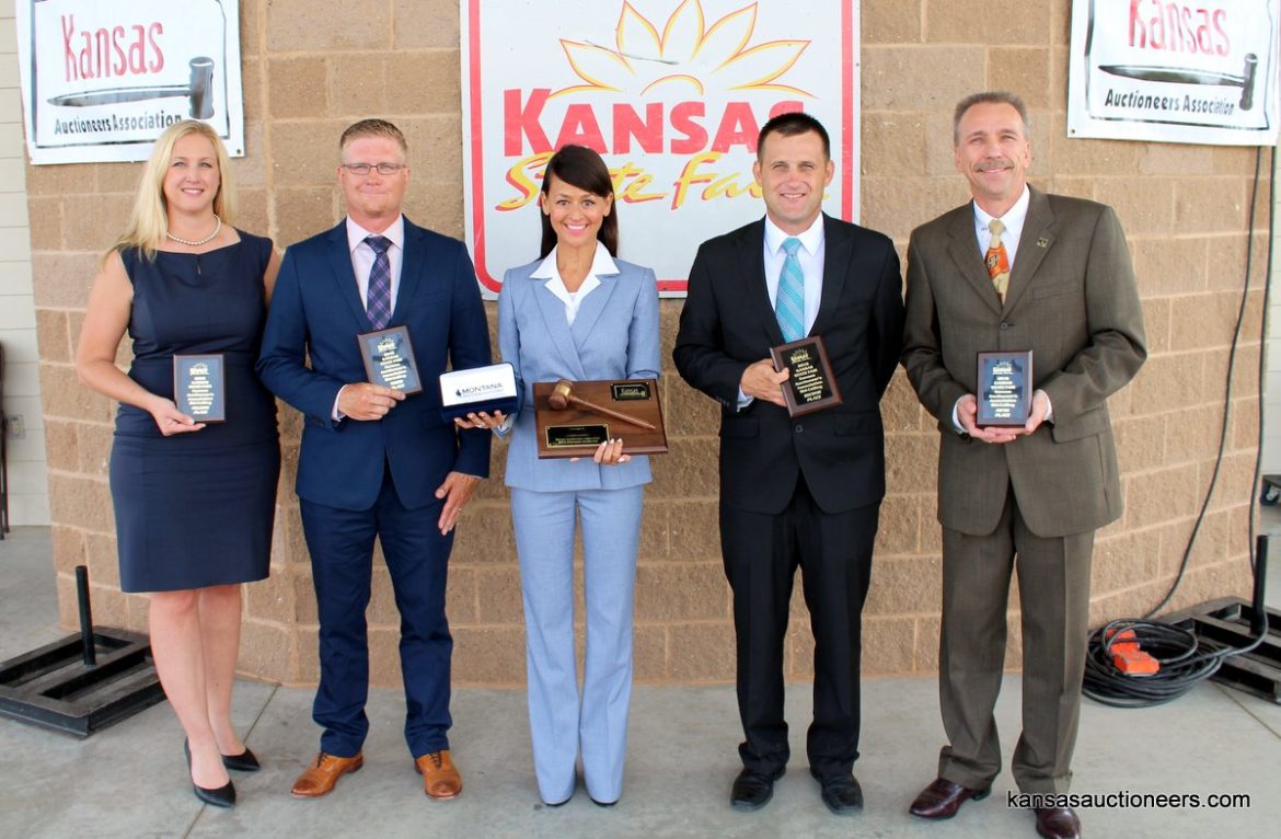 2016 Kansas Auctioneer Championship top five finishers.  Trisha Brauer (4th place), Justin Ball (3rd place), Yve Rojas (2016 Kansas Auctioneer Champion), Titus Yutzy (Reserve Champion) and Tony Wisely (5th place).